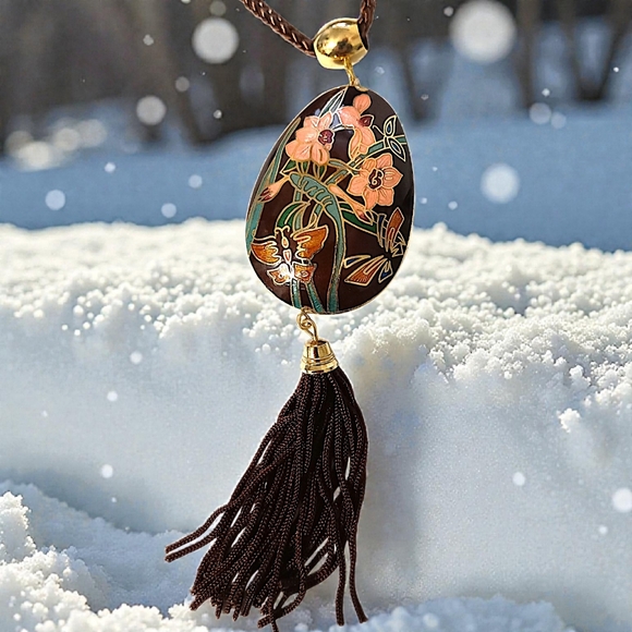 Vtg Cloisonne‎ Tassel Butterfly Necklace 70s Pendant Woven Cord Brown Dual Sided - Picture 16 of 16